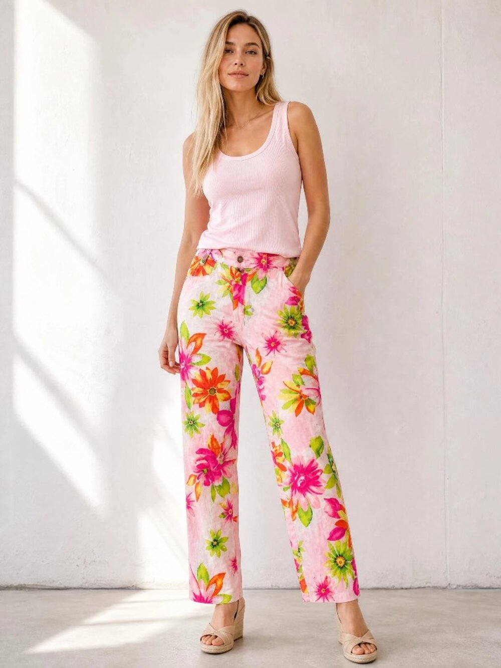Women's Tropical Floral Multicolor BCNU Pants Pockets Zip S Large